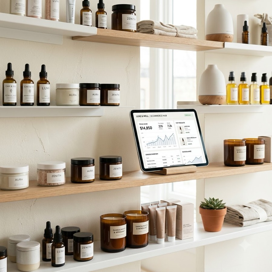 Retail shelving stocked with beauty and wellness products, with a tablet showing an e-commerce sales dashboard
